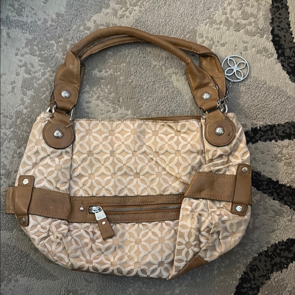 Brown and Cream Geometric Shoulder Bag with Gold Accents
